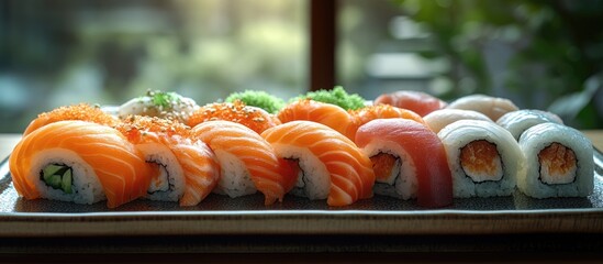 Sushi platter featuring assorted rolls and sashimi on a wooden tray with natural lighting in a cozy setting