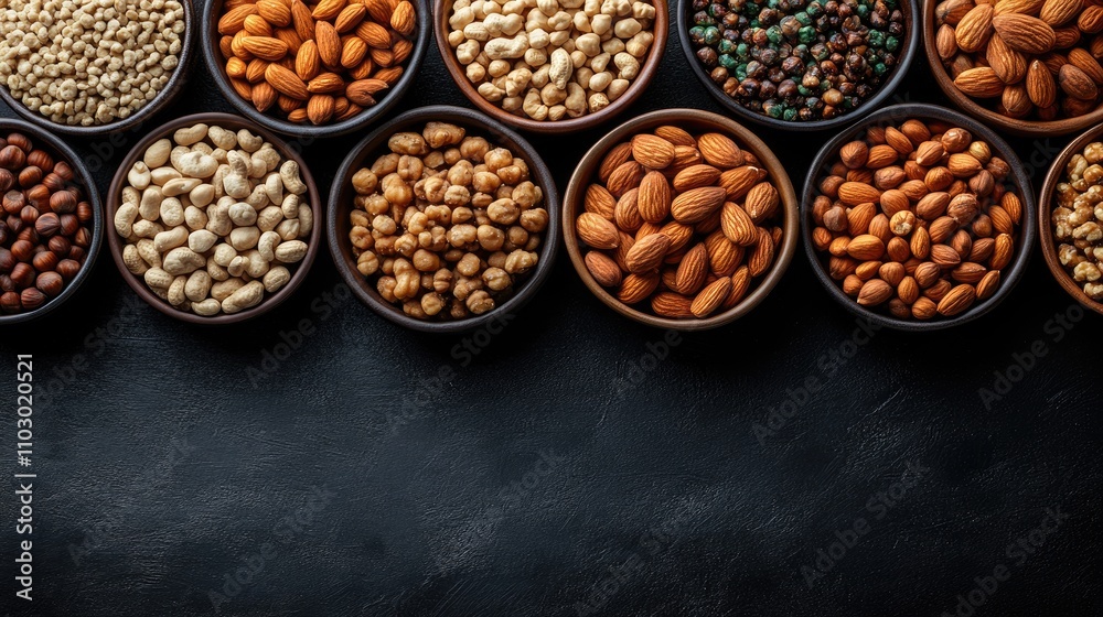 Poster Assorted nuts displayed in bowls on a dark table background showcasing a variety of textures and colors in a rich composition