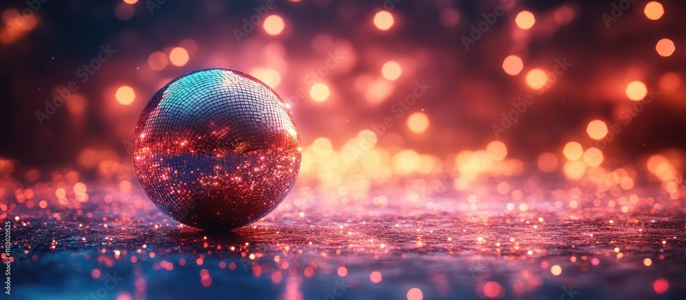 Poster disco scene with a shimmering mirror ball surrounded by vibrant sparkling lights creating a lively f