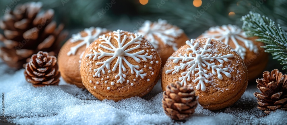 Poster gingerbread cookies decorated with icing snowflakes surrounded by snow-covered fir branches and pine