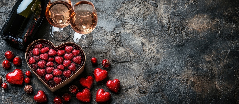 Aufkleber heart-shaped candy in a box with wine glasses and a bottle on a stone surface romantic celebration t
