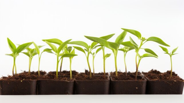 Pepper seedlings in black trays ready for planting on a clean white background showcasing fresh growth and gardening potential