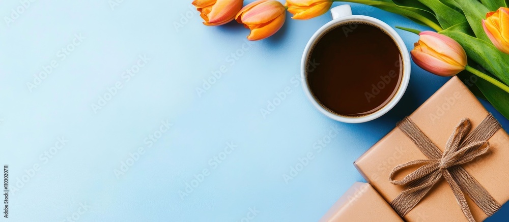 Poster coffee cup gift box and tulip bouquet on blue tabletop creating an inviting spring atmosphere perfec