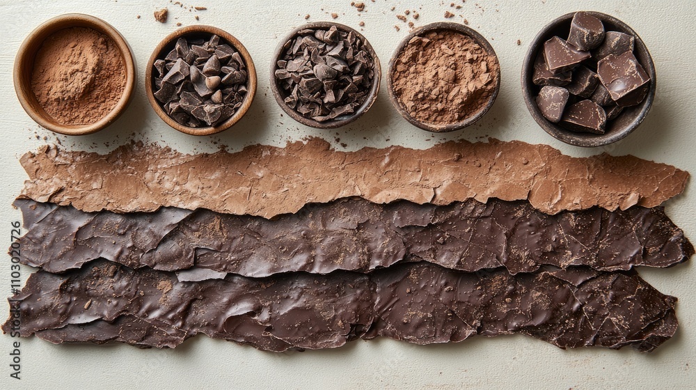 Poster various types of chocolate arranged in bowls and laid out on a white background showcasing their tex