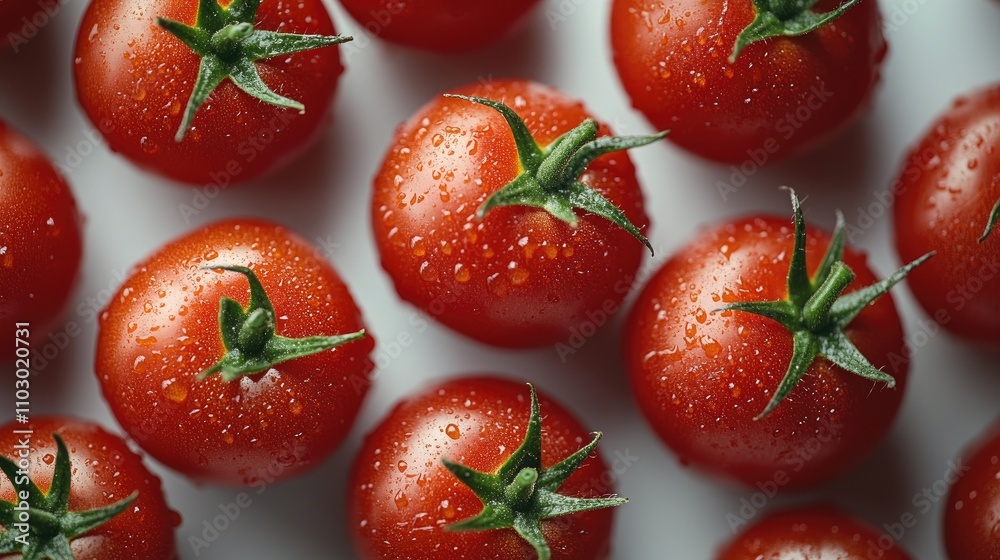 Poster Vibrant red tomatoes with water droplets arranged neatly on a clean white background for a fresh and appetizing display