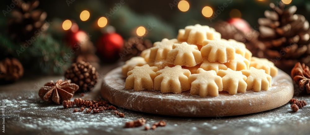 Poster festive cookie shapes on a wooden board surrounded by pinecones and soft lights creating a cozy holi