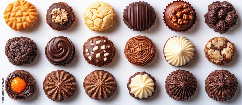 Poster Variety of assorted cookies beautifully arranged isolated on a clean white background displaying unique shapes and textures