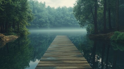 Wooden pier extending across a serene forest lake, reflecting lush greenery and creating a tranquil atmosphere of nature's beauty.