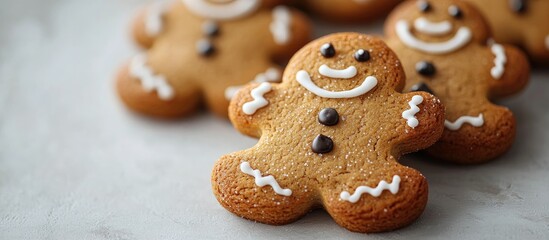 Gingerbread man cookies decorated with icing and chocolate on a light backdrop perfect for festive themes and holiday baking imagery
