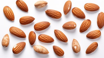 Almonds beautifully scattered on a clean white background highlighting their natural textures and colors for healthy eating or culinary concepts