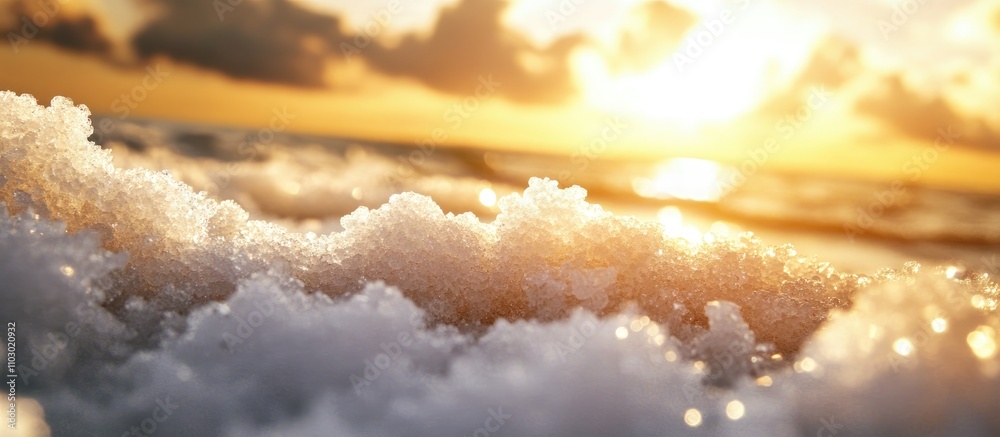 Poster sunset over coastline with shimmering salt crystals creating unique sea texture along a tranquil san
