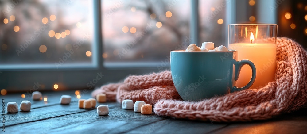 Poster Cozy winter scene with a cup of marshmallows candles and a warm blanket on a wooden table with soft bokeh lights in the background