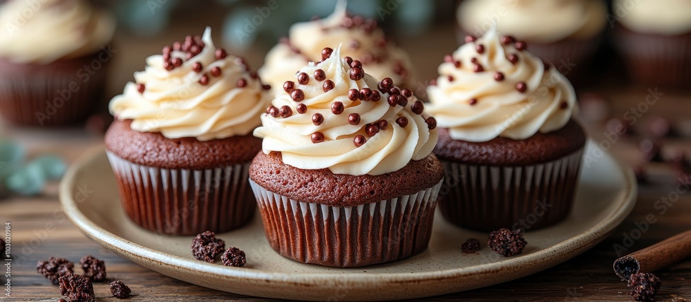 Poster Chocolate cupcakes with cream frosting topped with sprinkles arranged on a rustic plate for a delightful dessert display