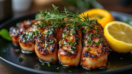 Grilled octopus garnished with herbs and lemon served on a dark plate with a refined culinary presentation