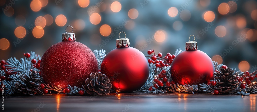 Aufkleber festive red christmas ornaments surrounded by pinecones and greenery against a blurred sparkling bac