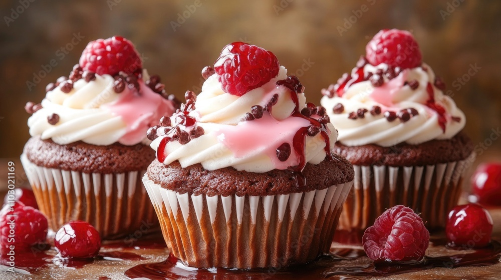 Poster delicious chocolate cupcakes with raspberry topping and cream on a rustic wooden table background. p
