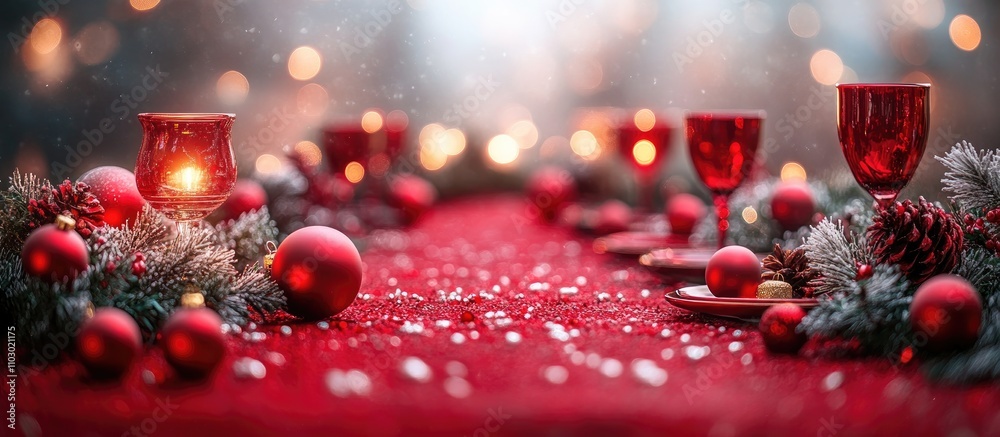 Poster elegant christmas table setting with festive decorations on a vibrant red background creating a warm