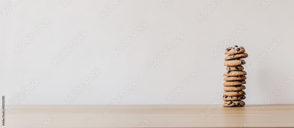 Poster chocolate chip cookie tower stacked neatly on a wooden surface with a simple white background creati