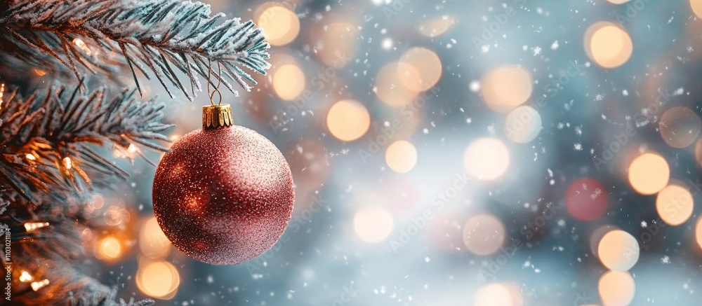 Aufkleber festive christmas background with blurred colorful bokeh lights and a decorative ornament on a snow-