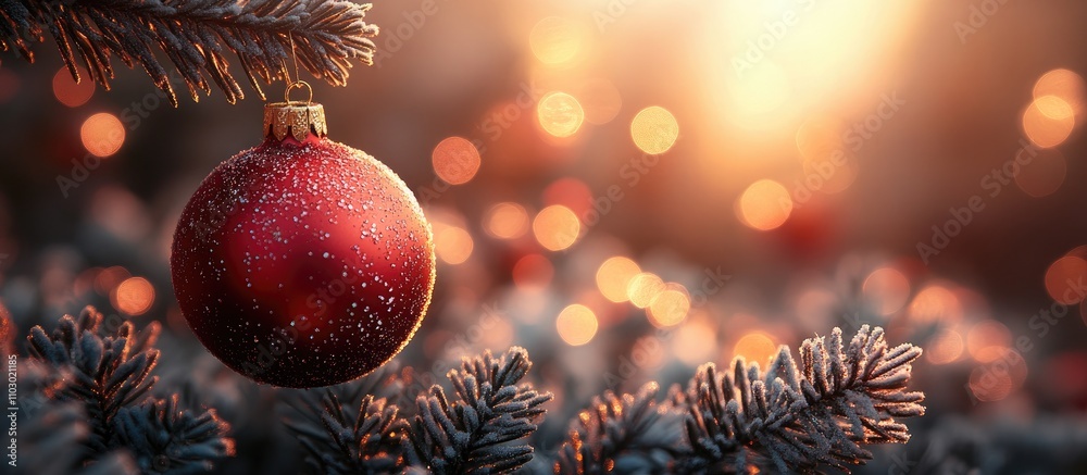 Poster Festive bokeh background with a sparkling red ornament hanging on a snow-dusted evergreen branch during warm winter light