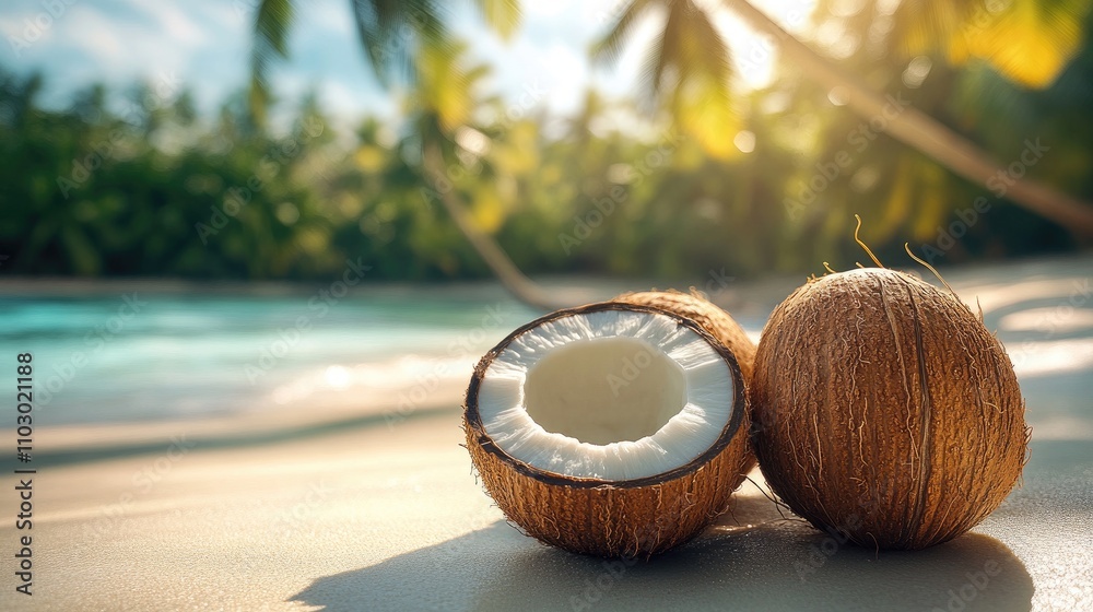Poster Coconut fruits resting on sandy beach with tropical palms in background under soft sunlight creating a serene island atmosphere