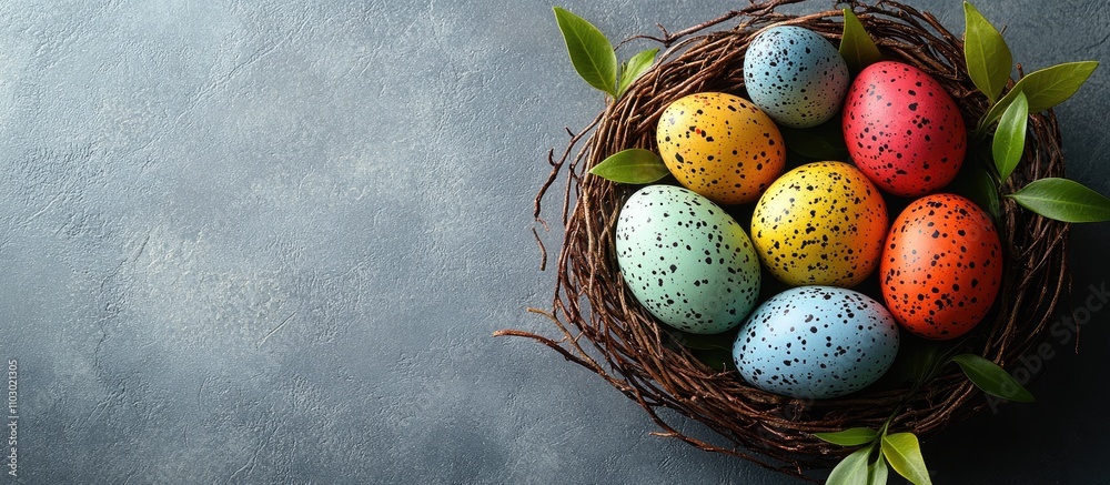 Poster colorful easter eggs in a decorative nest surrounded by greenery on a textured gray background for s