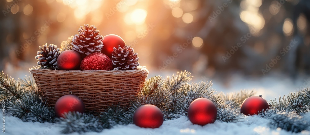 Poster festive christmas decorations in a rustic basket with pinecones and red ornaments on a snowy table s
