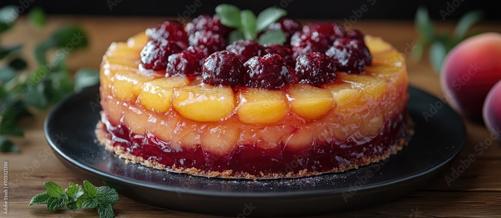Poster chilled red jelly pie with peaches and nectarines garnished with berries on a rustic wooden table wi