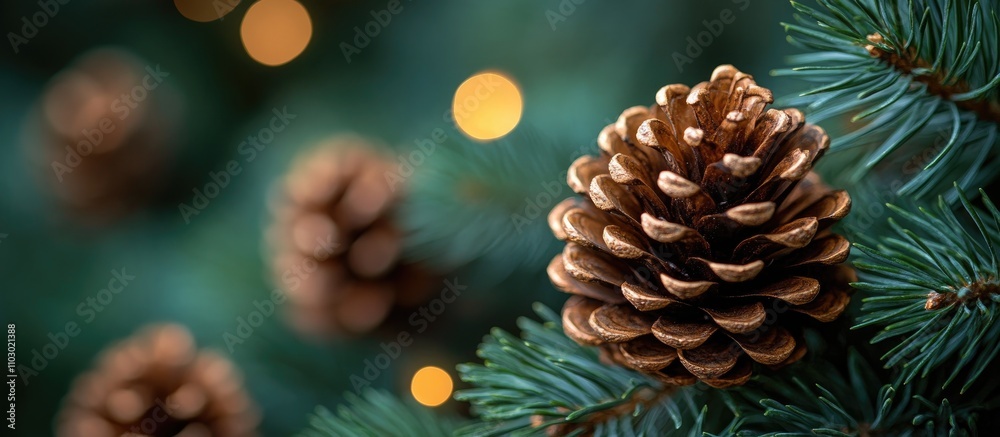Aufkleber Pine tree branches adorned with a close-up view of a pine cone surrounded by soft bokeh lights creating a serene natural atmosphere