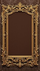 Golden frame set against a dark brown marble background, high end, dark brown marble