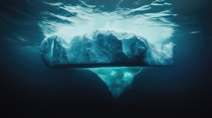 Underwater View of Iceberg Highlighting Climate Change Effects and Concealed Threats Beneath Thawing Surface in Dark Ocean Waters