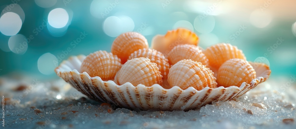 Poster cockles arranged on a shell against a blurred sea backdrop capturing a serene coastal atmosphere and