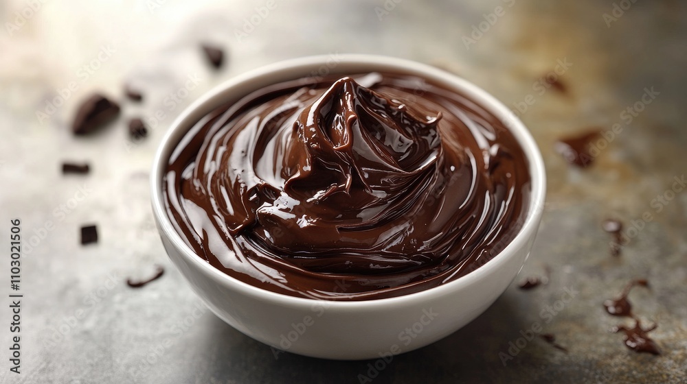 Poster decadent chocolate pudding in a white bowl on a rustic surface with chocolate chips scattered around