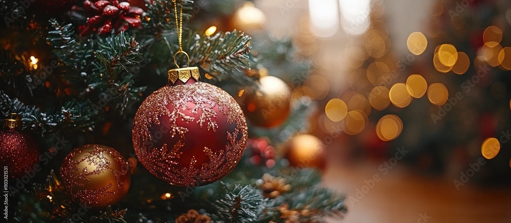 Poster close up of a beautifully decorated christmas tree with vibrant ornaments and soft bokeh lights crea