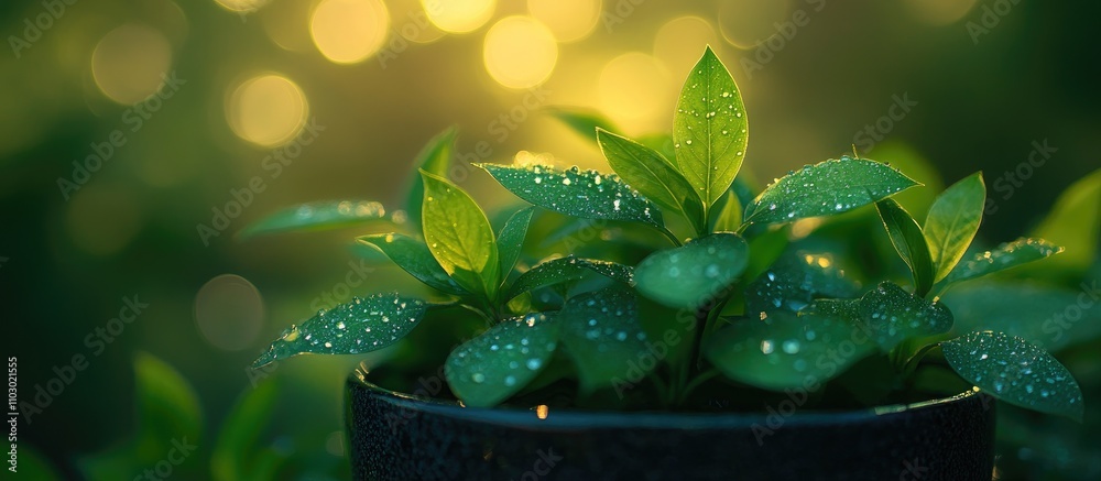 Poster Blurry green branches background showcasing natural patterns with soft focus and bokeh effects enhancing a serene ambiance