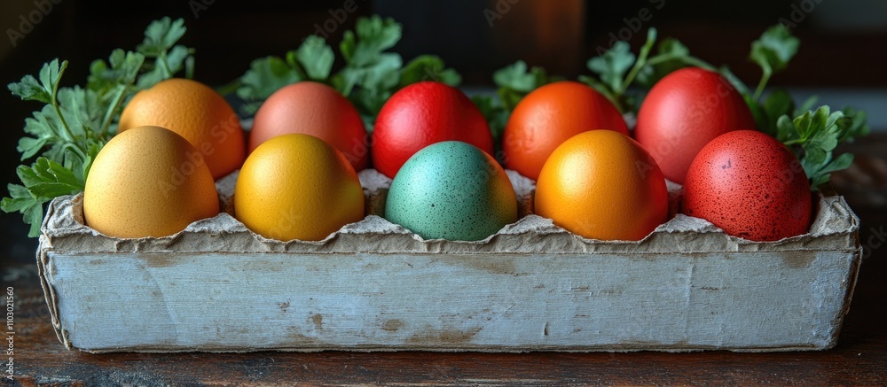 Poster vibrant colored easter eggs arranged in a carton with greenery on a rustic wooden background for a f