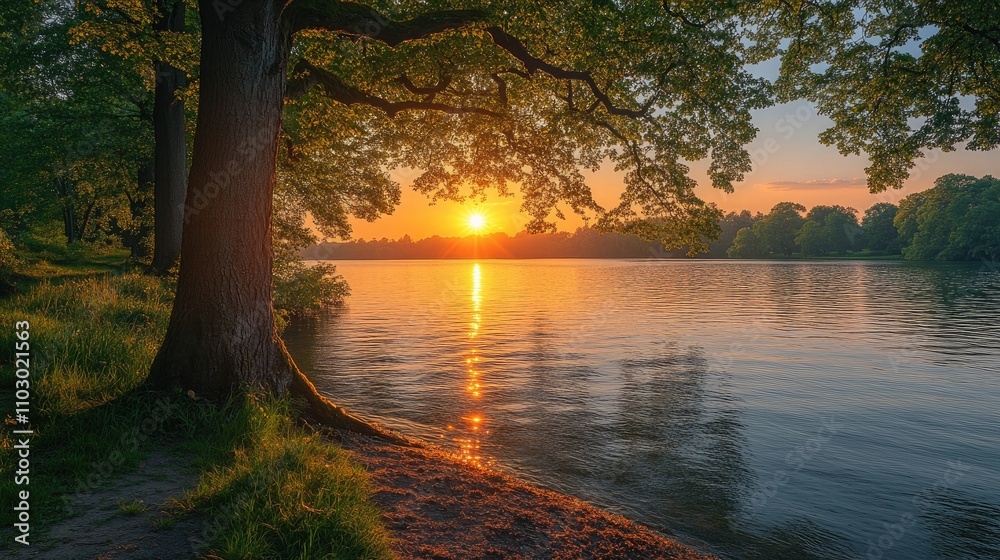 Aufkleber tranquil sunrise over water with isolated trees casting shadows on the shore creating a serene natur