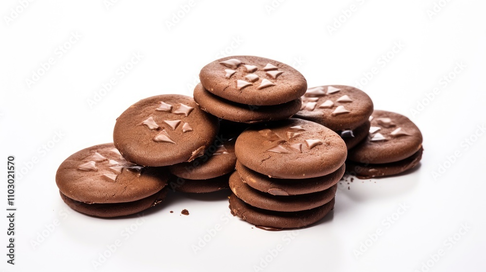 Poster chocolate cookies stacked artfully on a white background showcasing their delicious texture and desi