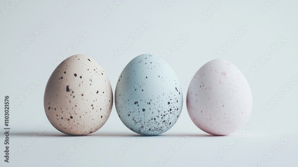 Poster decorative speckled eggs in pastel colors arranged on a white background showcasing selective focus 