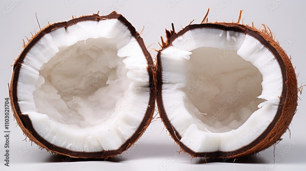 Poster coconut halved displaying fresh white flesh and water inside on a clean white background for culinar