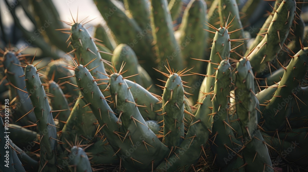 Poster Detailed close-up view of a cactus displaying intricate spines and green textures in natural lighting ideal for nature-themed projects.