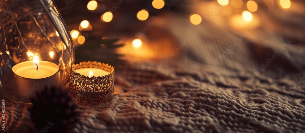Poster cozy vintage candlelight with string lights on a textured old tablecloth creating a warm and invitin