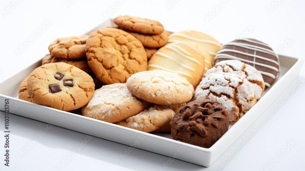 Poster assorted homemade cookies on a white tray with selective focus highlighting their delicious textures