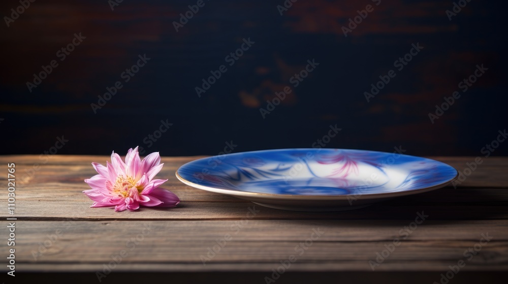 Poster close up of a pink flower beside a blue decorative plate on a rustic wooden table with a blurred bac