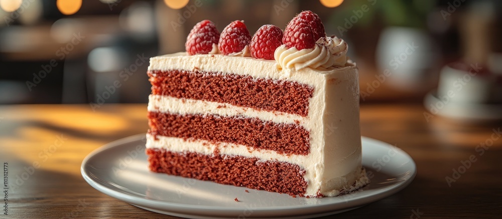 Aufkleber indulgent raspberry layered cake with creamy frosting beautifully presented on a wooden table in a c