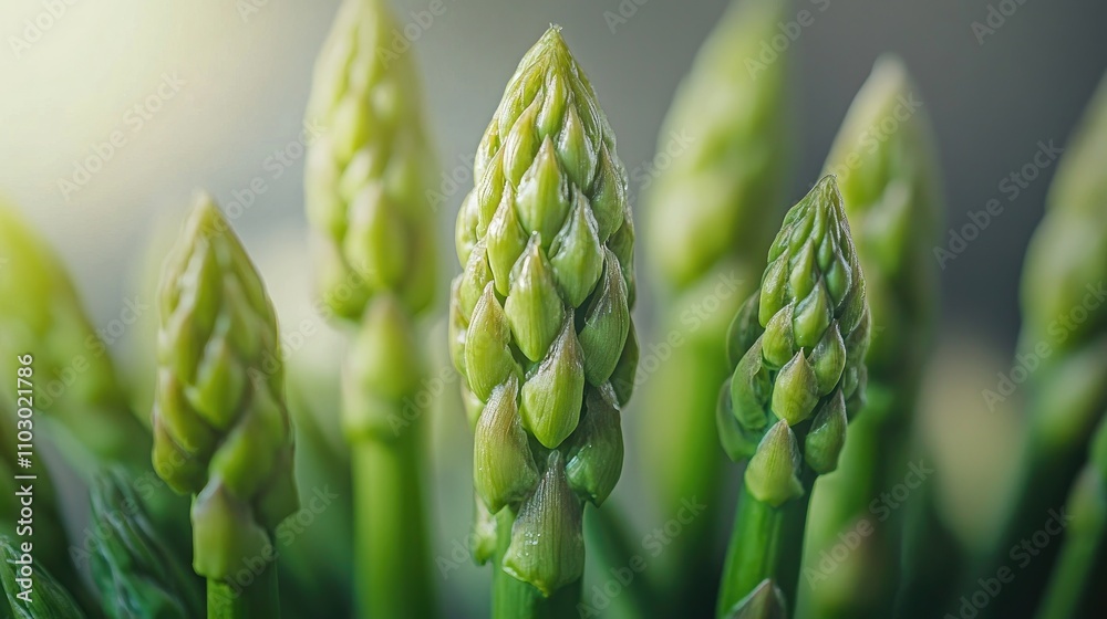 Poster close up of fresh green asparagus spears highlighted against a white background showcasing their tex