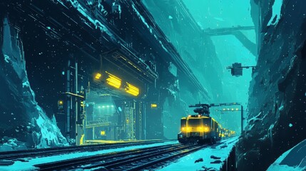Obraz premium Futuristic Scene of a Bright Yellow Train Approaching a Dimly Lit Industrial Depot in a Snowy Canyon Landscape with Neon Lights and a Cold Atmosphere