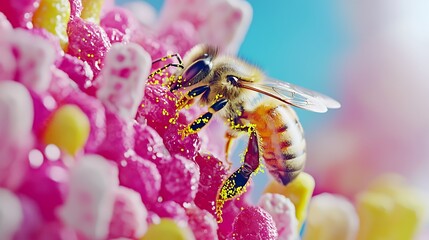 A close-up of a bee collecting pollen from vibrant pink flowers.