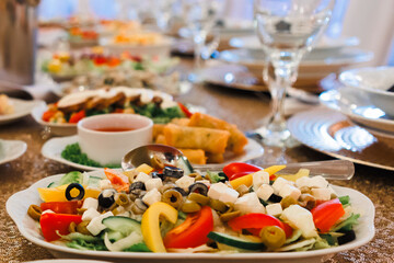 cold meats, vegetable salads, fruit salads Preparation of dishes for an all-inclusive banquet in a resort hotel. Empty all inclusive line, restaurant equipment, wedding food 