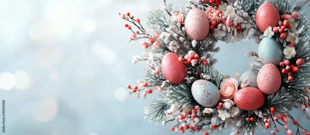 Aufkleber Easter wreath adorned with colorful eggs and delicate flowers on a soft background creating a festive spring atmosphere
